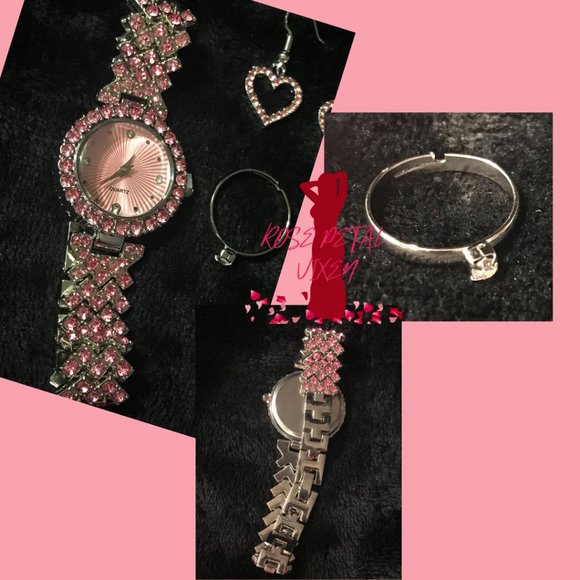 Pink Rhinestone Fashion Jewelry Watch and Necklace 5-piece set. - Picture 2 of 3